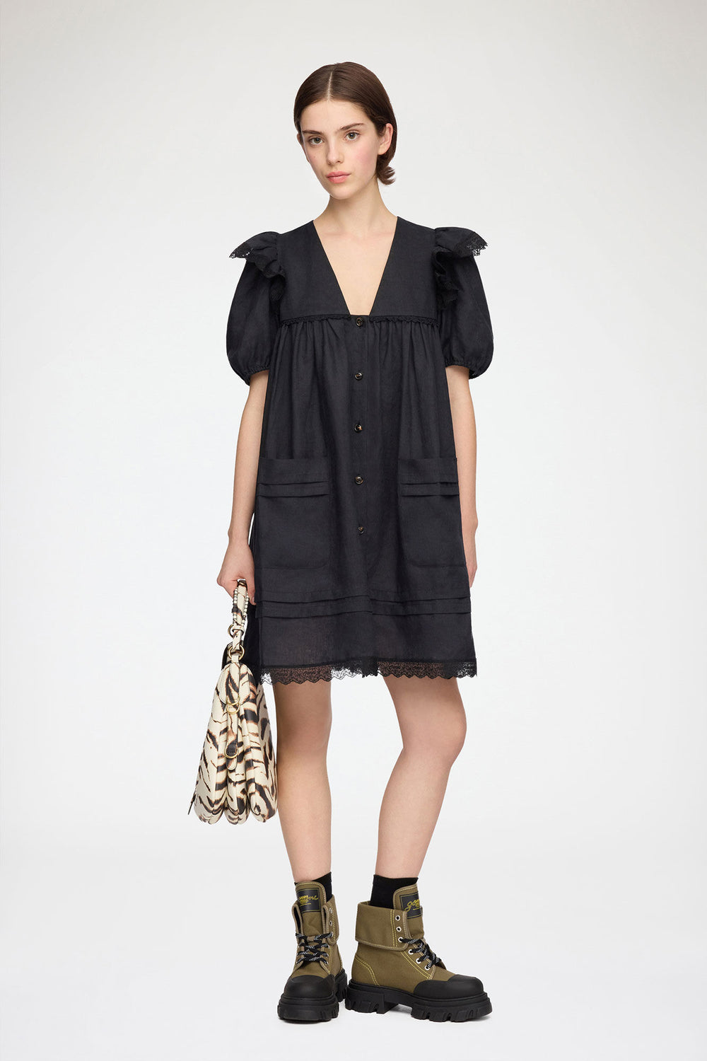 GANNI New Mini Dress in Black Linen