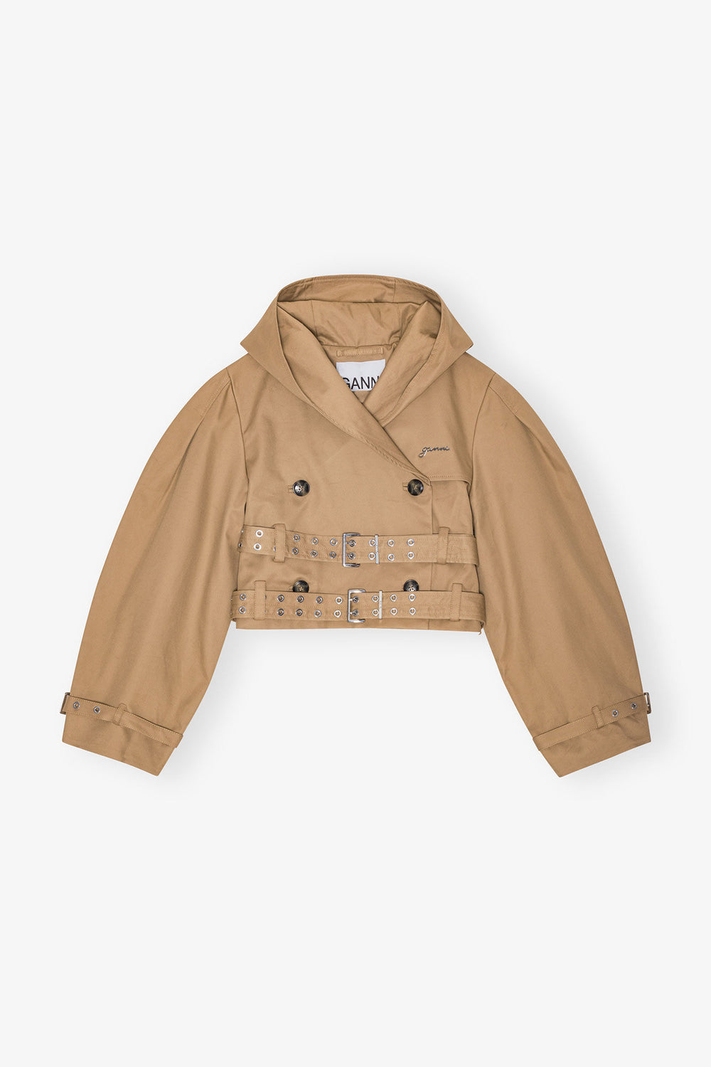 GANNI Discount Camel Bonded Cotton Short Trench Jacket