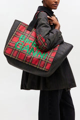 GANNI Hot Sale Dark Green Red Tartan Tote