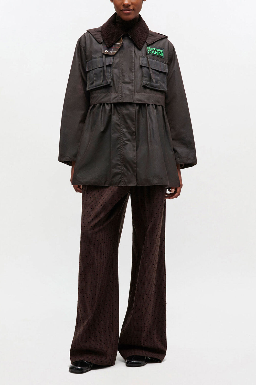 GANNI New Peplum Wax Jacket in Green