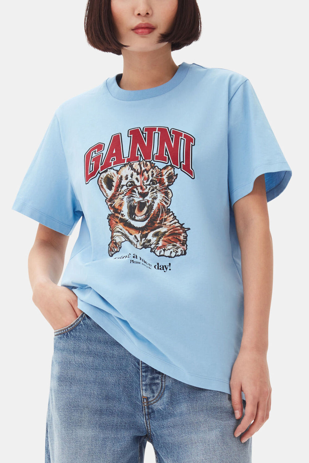GANNI Discount Blue Relaxed Jersey Tiger T-shirt