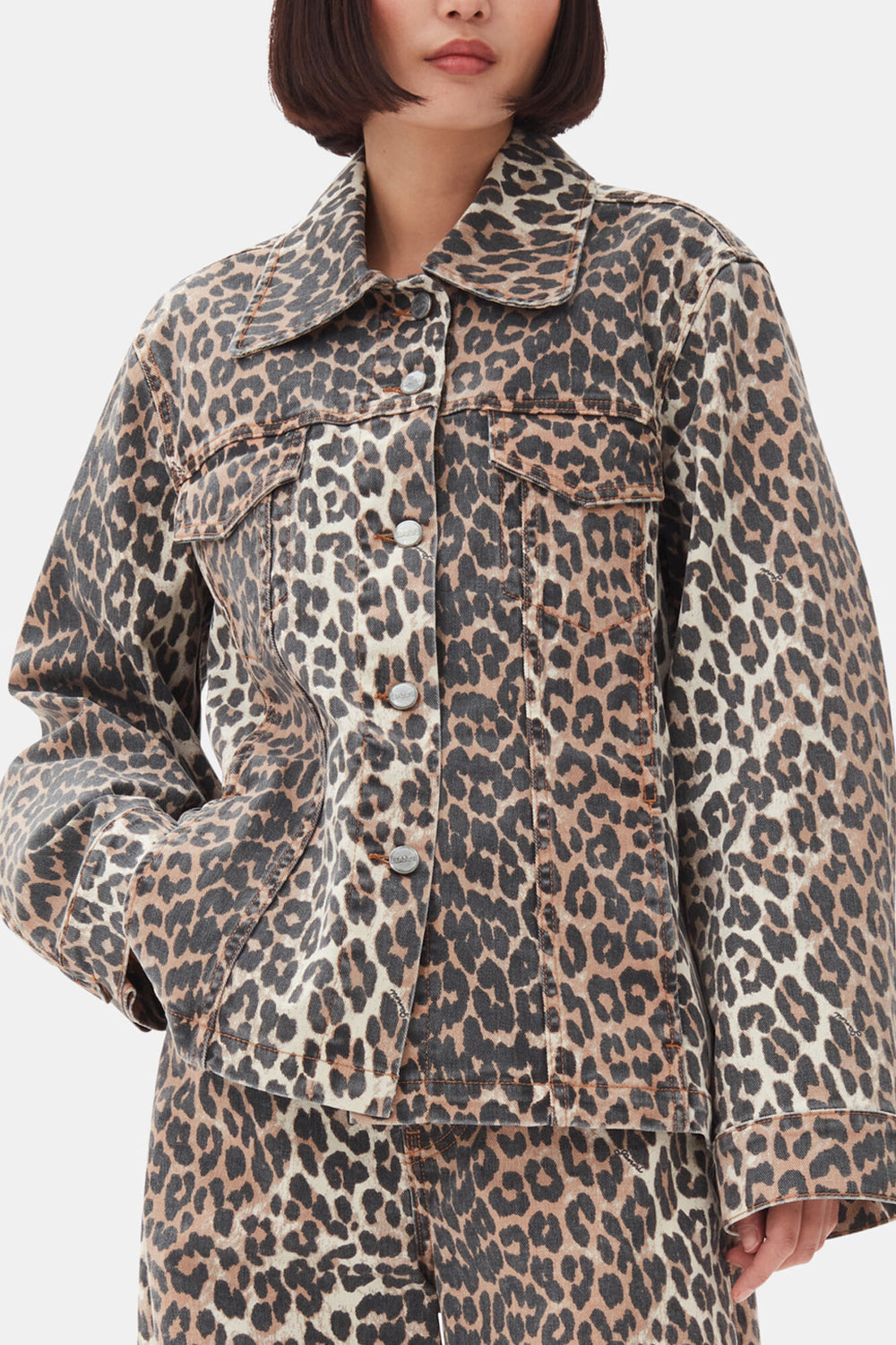 GANNI Outlet Leopard Denim Jacket