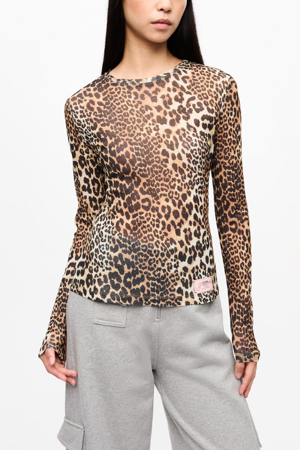 GANNI Sale Leopard Printed Mesh Long-sleeve Blouse