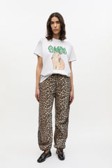 GANNI Discount Leopard Washed Cotton Canvas Drawstring Pants