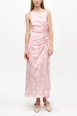 GANNI Hot Sale Pink Printed Satin Gathered Dress