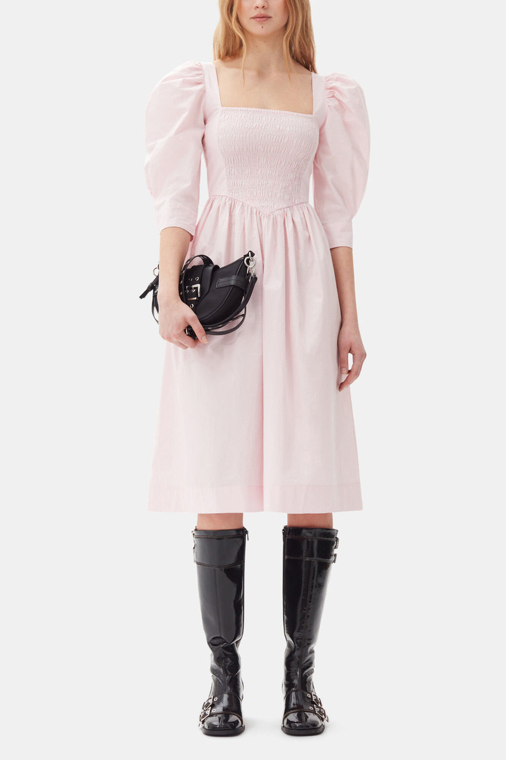 GANNI Outlet Pink Cotton Poplin Open Neck Smock Dress