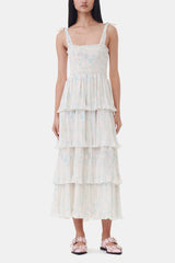 GANNI New Floral Printed Pleated Georgette Strap Smock Midi Dress