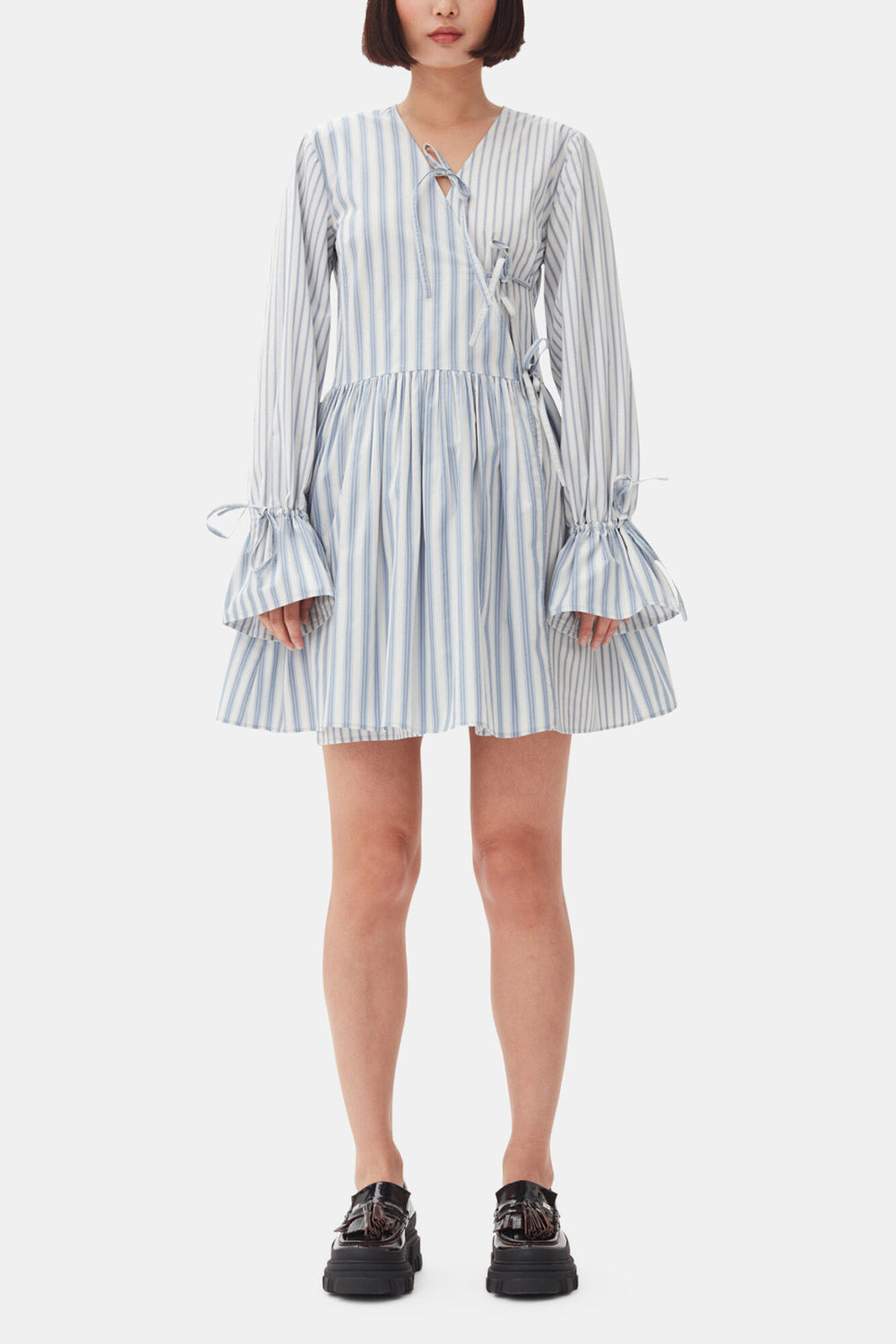 GANNI Outlet Blue Stripe Cotton Mini Wrap Dress