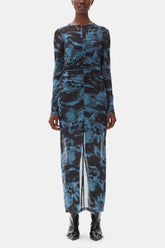 GANNI Hot Sale Blue Printed Mesh O-neck Ruched Long Dress