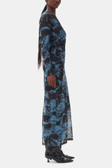 GANNI Hot Sale Blue Printed Mesh O-neck Ruched Long Dress