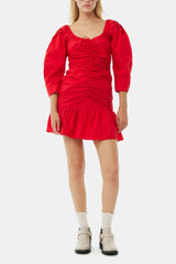 GANNI On Sale Red Cotton Poplin Gathered U-neck Mini Dress