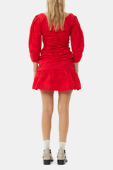 GANNI On Sale Red Cotton Poplin Gathered U-neck Mini Dress