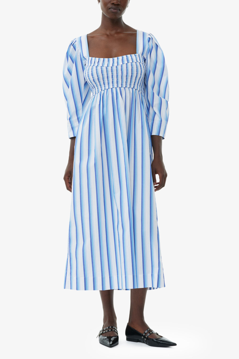 GANNI For Sale Blue Striped Cotton Smock Long Dress