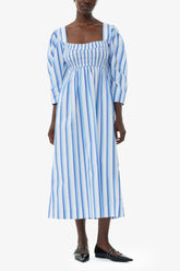 GANNI For Sale Blue Striped Cotton Smock Long Dress