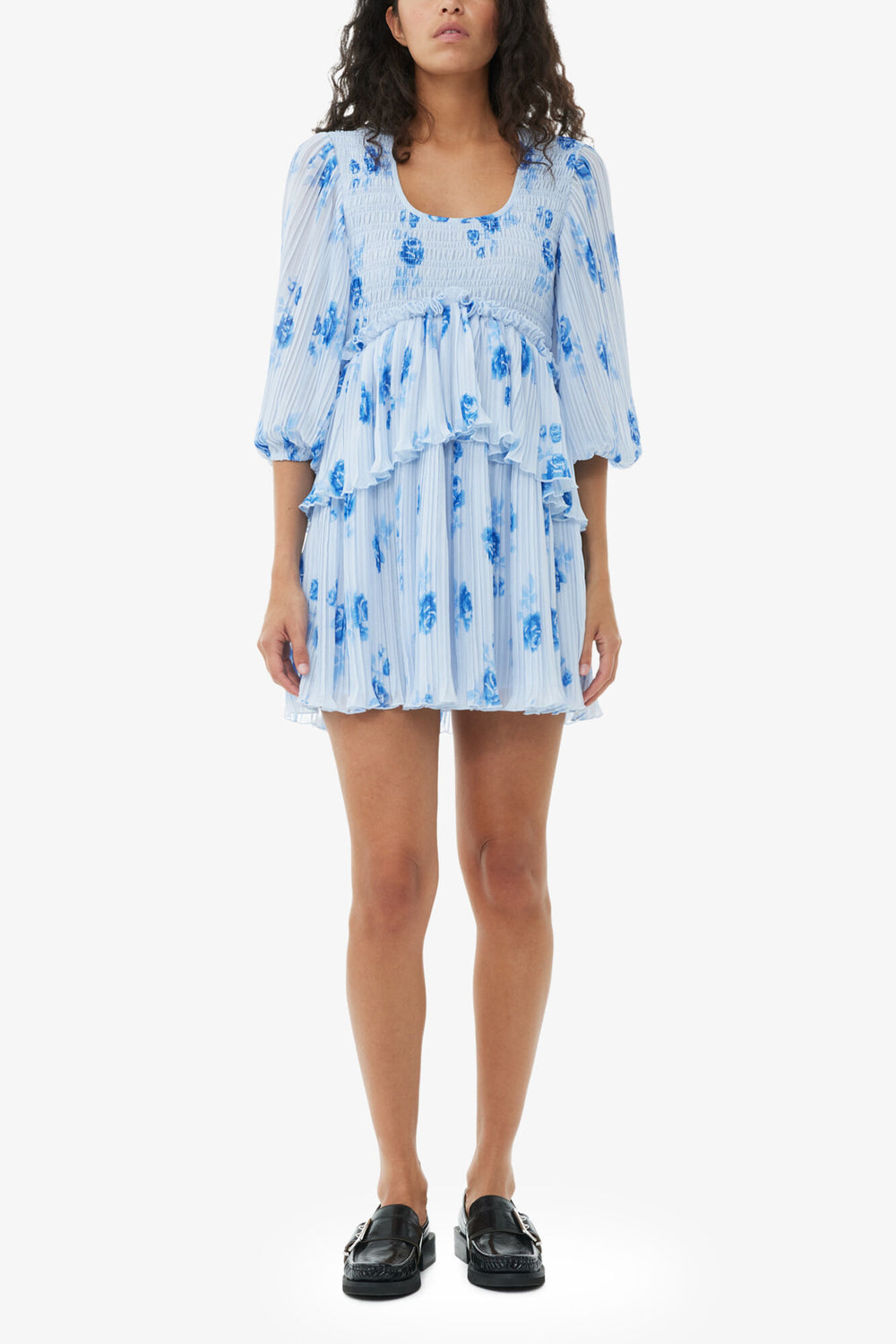 GANNI Outlet Blue Pleated Georgette Flounce Smock Mini Dress