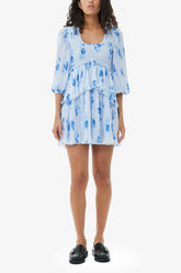 GANNI Outlet Blue Pleated Georgette Flounce Smock Mini Dress
