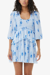 GANNI Outlet Blue Pleated Georgette Flounce Smock Mini Dress