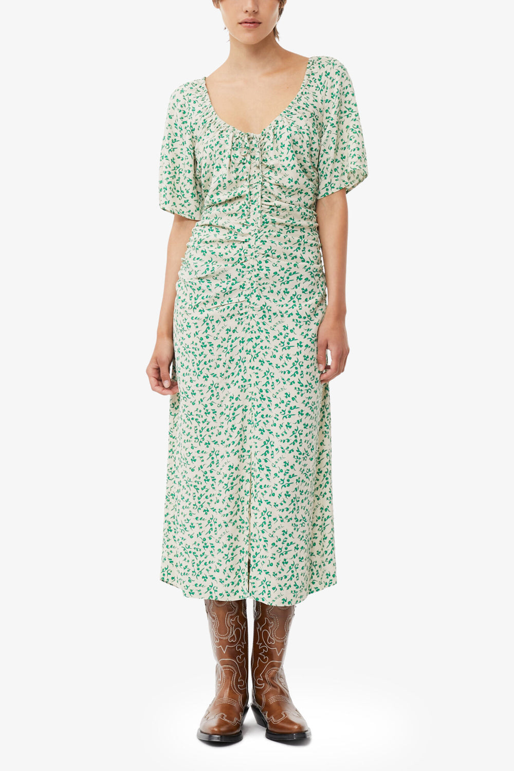 GANNI On Sale Printed Crepe U-neck Midi Dress