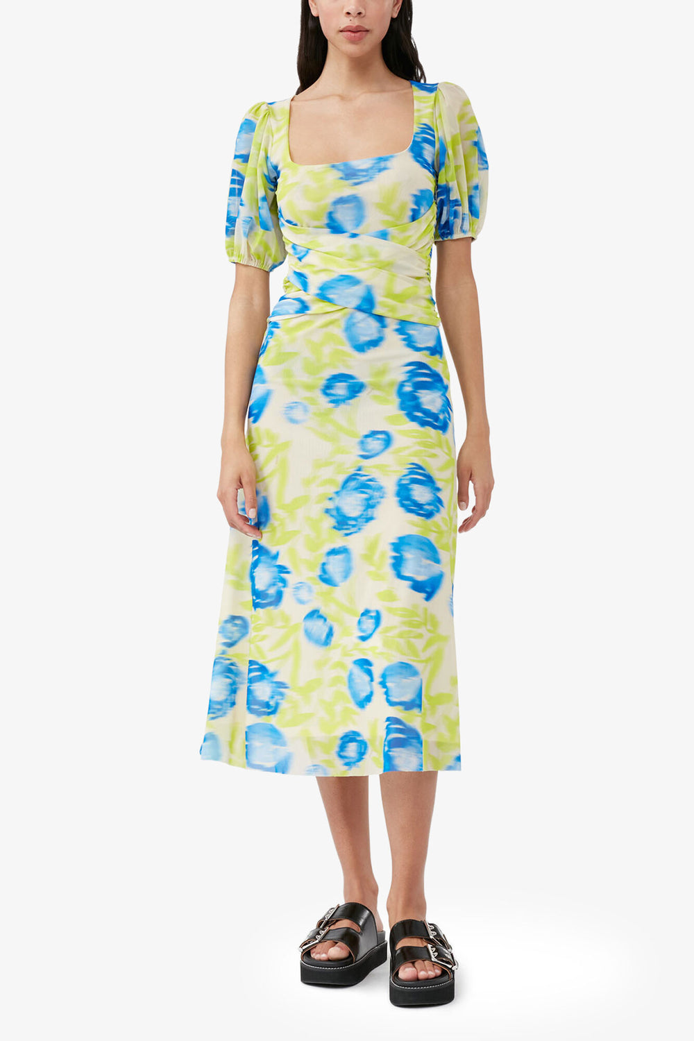 GANNI Outlet Printed Mesh Puff Sleeve Midi Dress