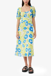 GANNI Outlet Printed Mesh Puff Sleeve Midi Dress