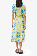 GANNI Outlet Printed Mesh Puff Sleeve Midi Dress