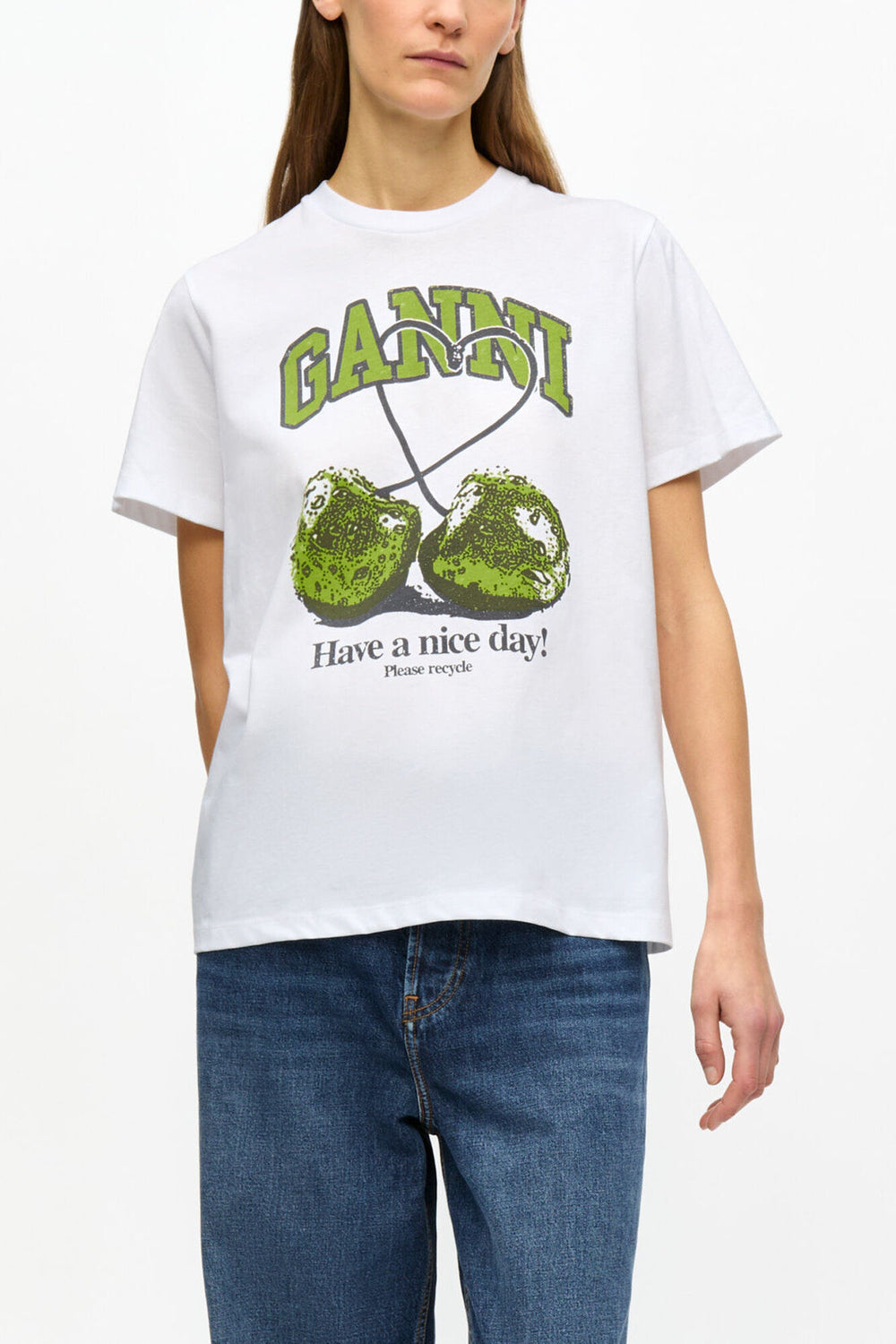 GANNI New White Basic Jersey Cherry Relaxed T-shirt
