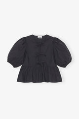 GANNI Discount Cotton Poplin Peplum Tie Blouse