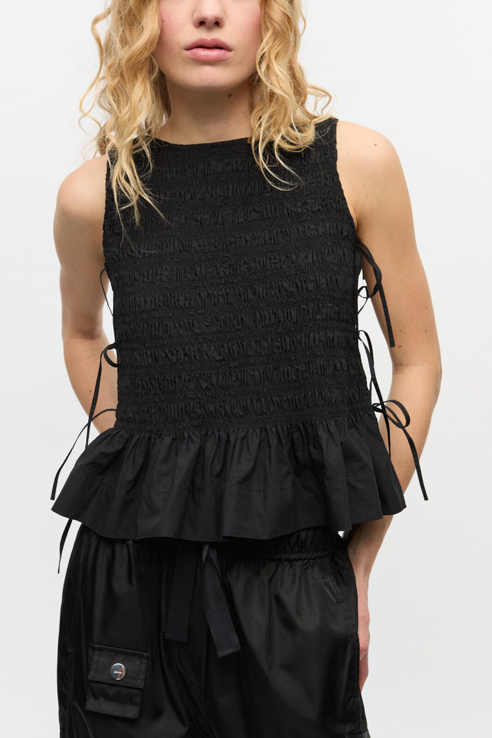 GANNI On Sale Black Cotton Smock Tie Top