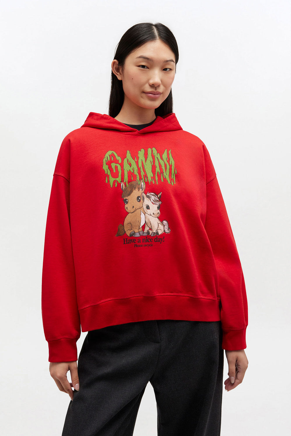 GANNI Outlet Red Graphic Cropped Hoodie