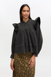 GANNI Discount Black Washed Frill Blouse
