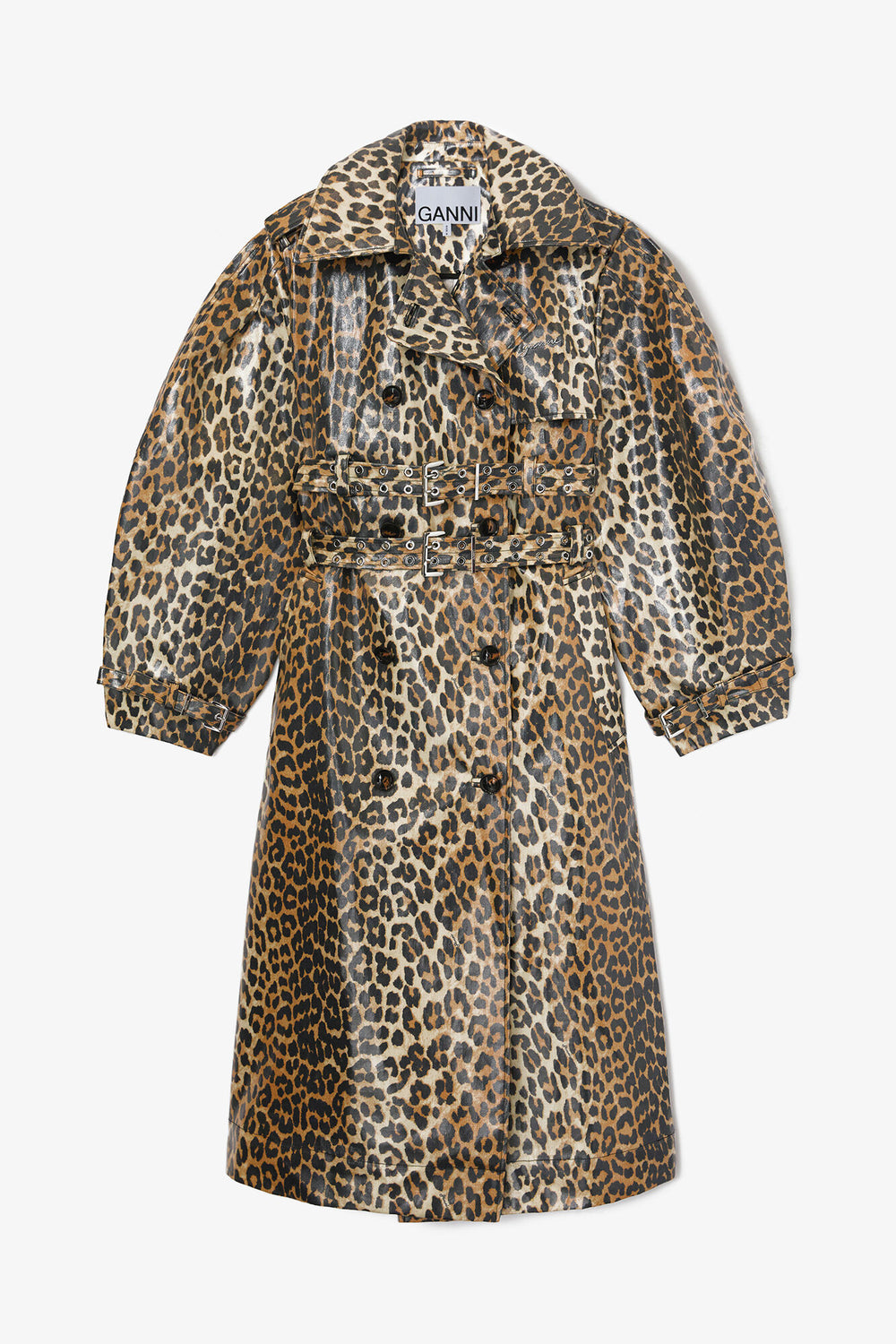GANNI Hot Sale Leopard Laminated Cotton Trench Coat
