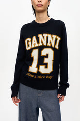 GANNI Discount Dark Blue Graphic Wool Mix Baseball Sweater