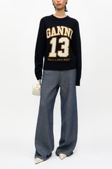 GANNI Discount Dark Blue Graphic Wool Mix Baseball Sweater