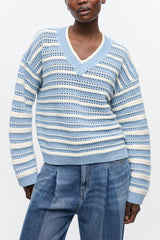 GANNI Hot Sale Blue Striped Cotton V-neck Sweater