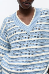 GANNI Hot Sale Blue Striped Cotton V-neck Sweater