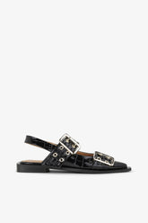 GANNI Discount Feminine Buckle Ballerinas in Black Croco Patent