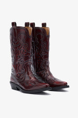 GANNI New Mid Shaft Embroidered Western Boots in Burgundy