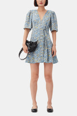 GANNI Discount Blue Floral Printed Crinkled Satin Mini Wrap Dress