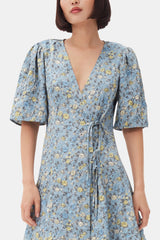 GANNI Discount Blue Floral Printed Crinkled Satin Mini Wrap Dress