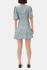 GANNI Discount Blue Floral Printed Crinkled Satin Mini Wrap Dress