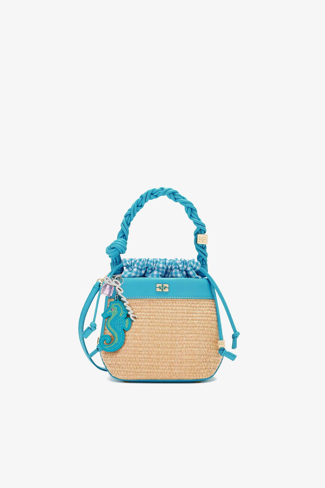GANNI On Sale Scuba Blue Bou Bucket Bag in Raffia