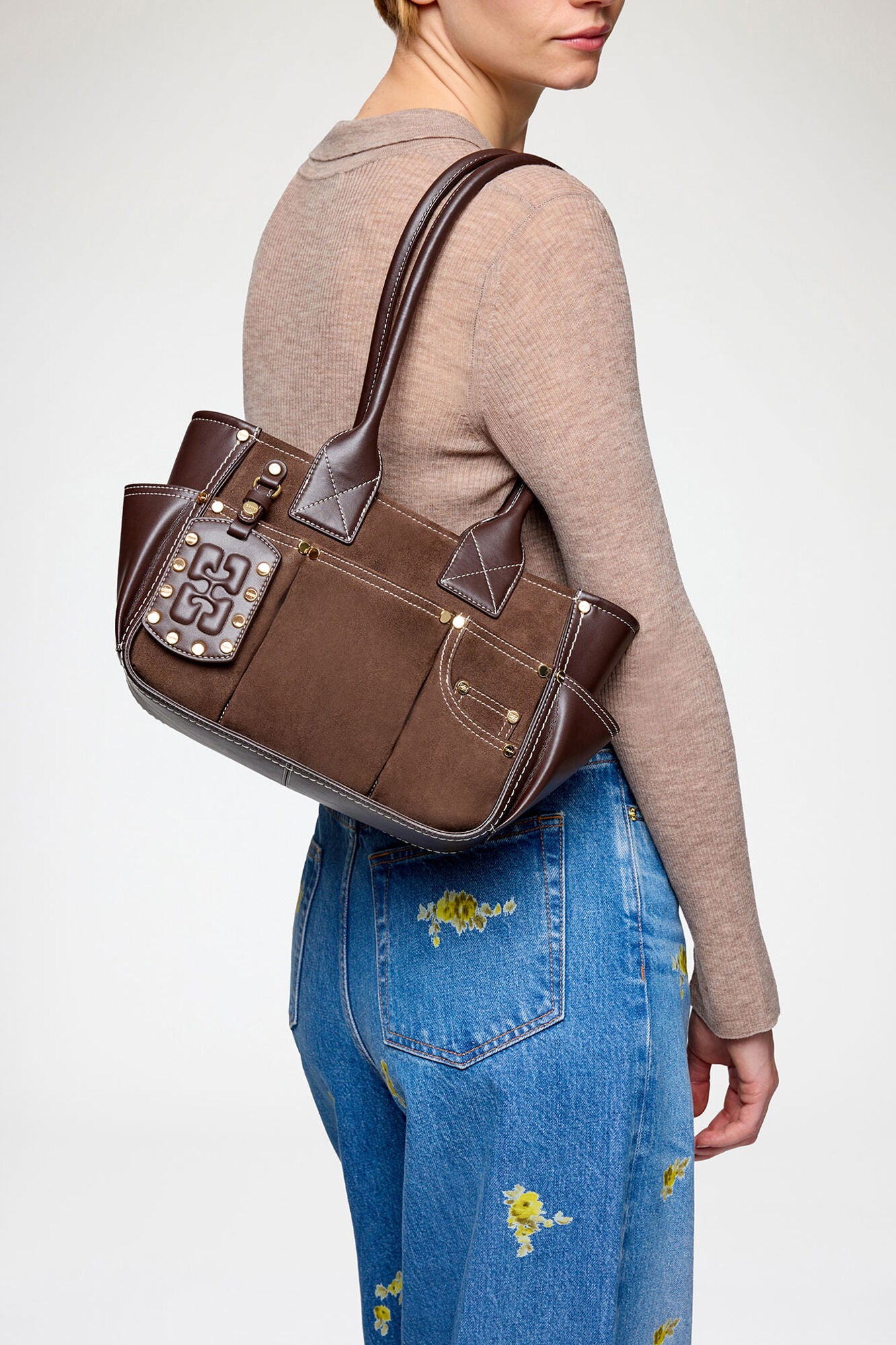 GANNI Discount Chicory Coffee Small Posy Bag in Brown Suede