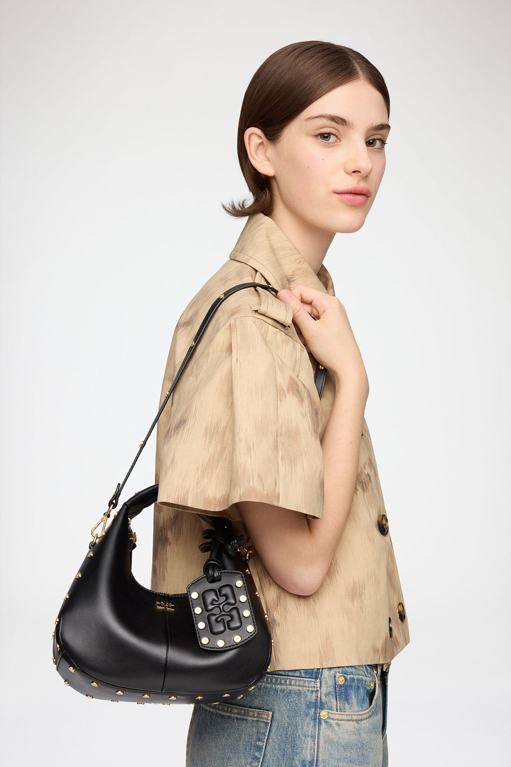 GANNI Hot Sale Black Mini Hobo Bag Studs in Black