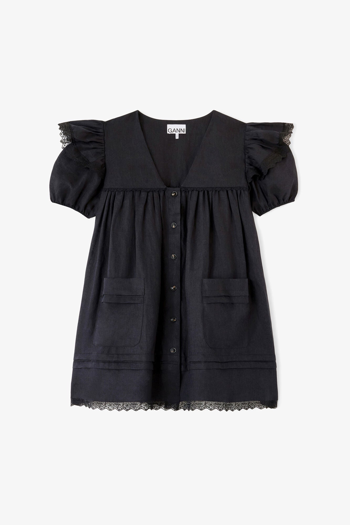 GANNI New Mini Dress in Black Linen