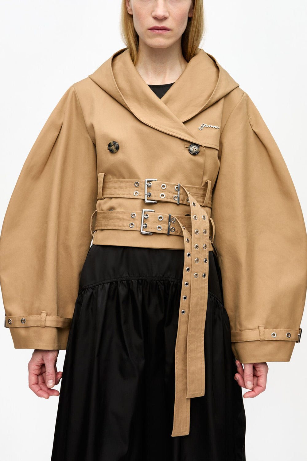 GANNI Discount Camel Bonded Cotton Short Trench Jacket