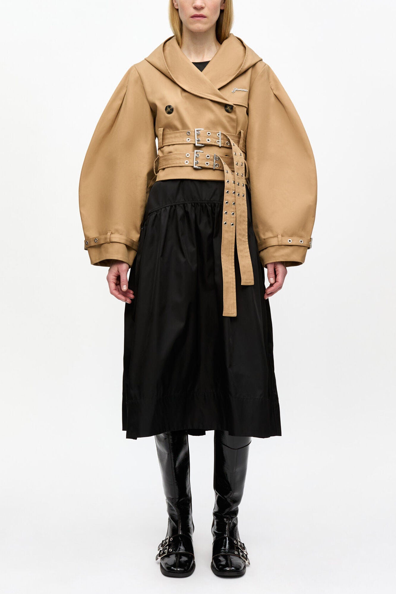 GANNI Discount Camel Bonded Cotton Short Trench Jacket