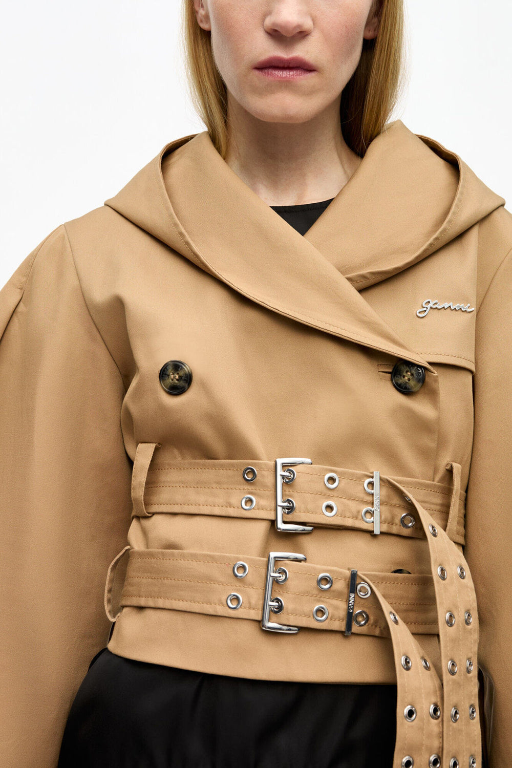 GANNI Discount Camel Bonded Cotton Short Trench Jacket