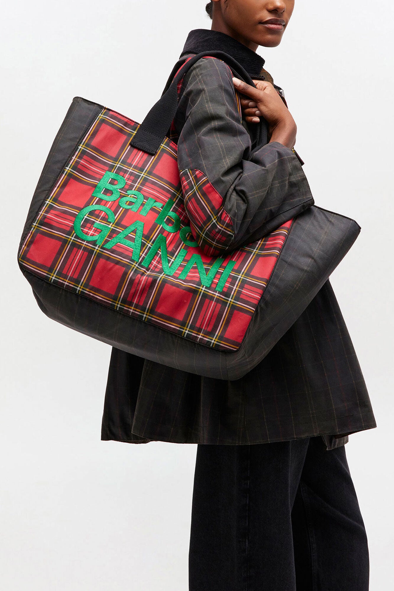 GANNI Hot Sale Dark Green Red Tartan Tote