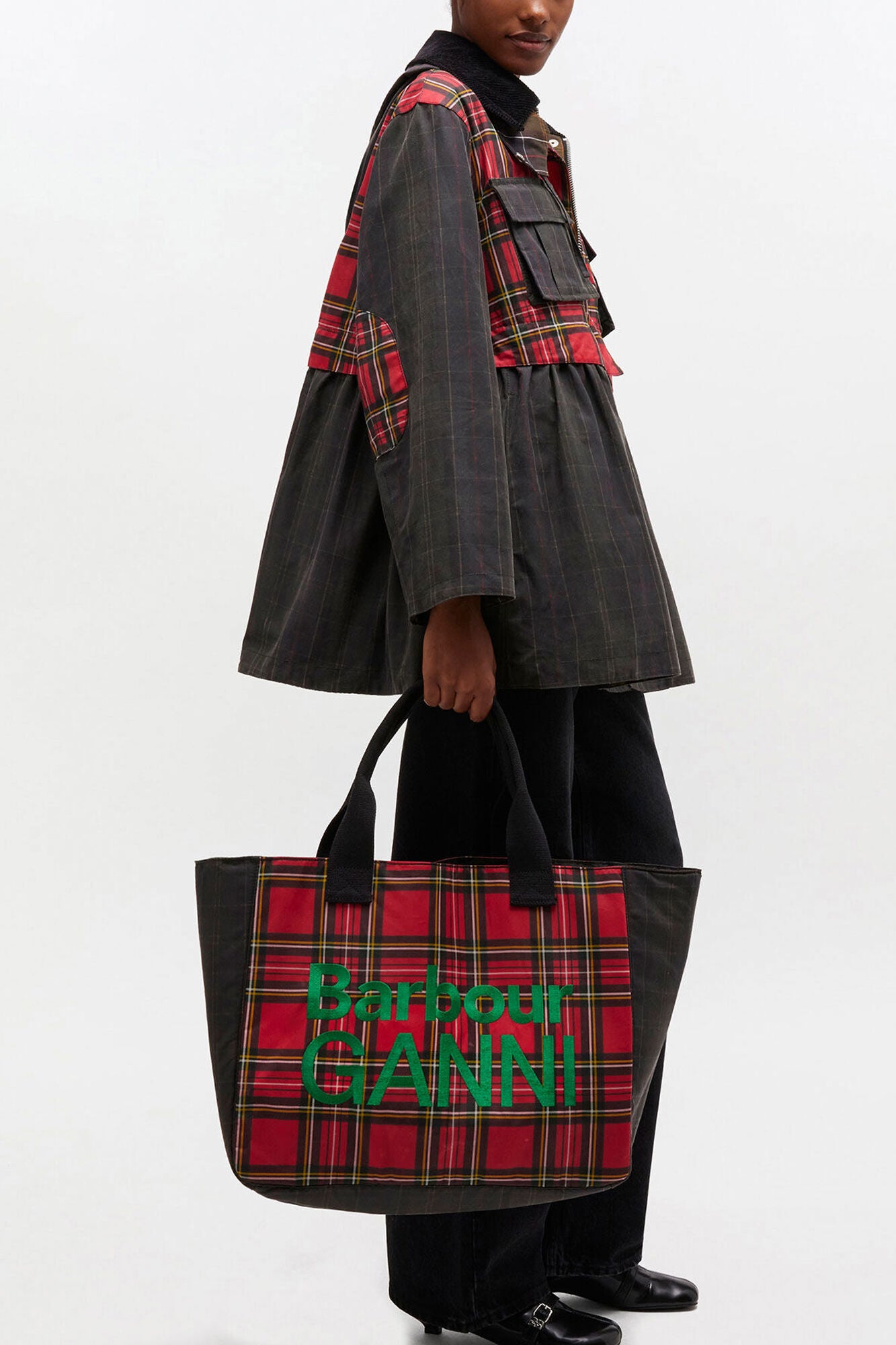 GANNI Hot Sale Dark Green Red Tartan Tote