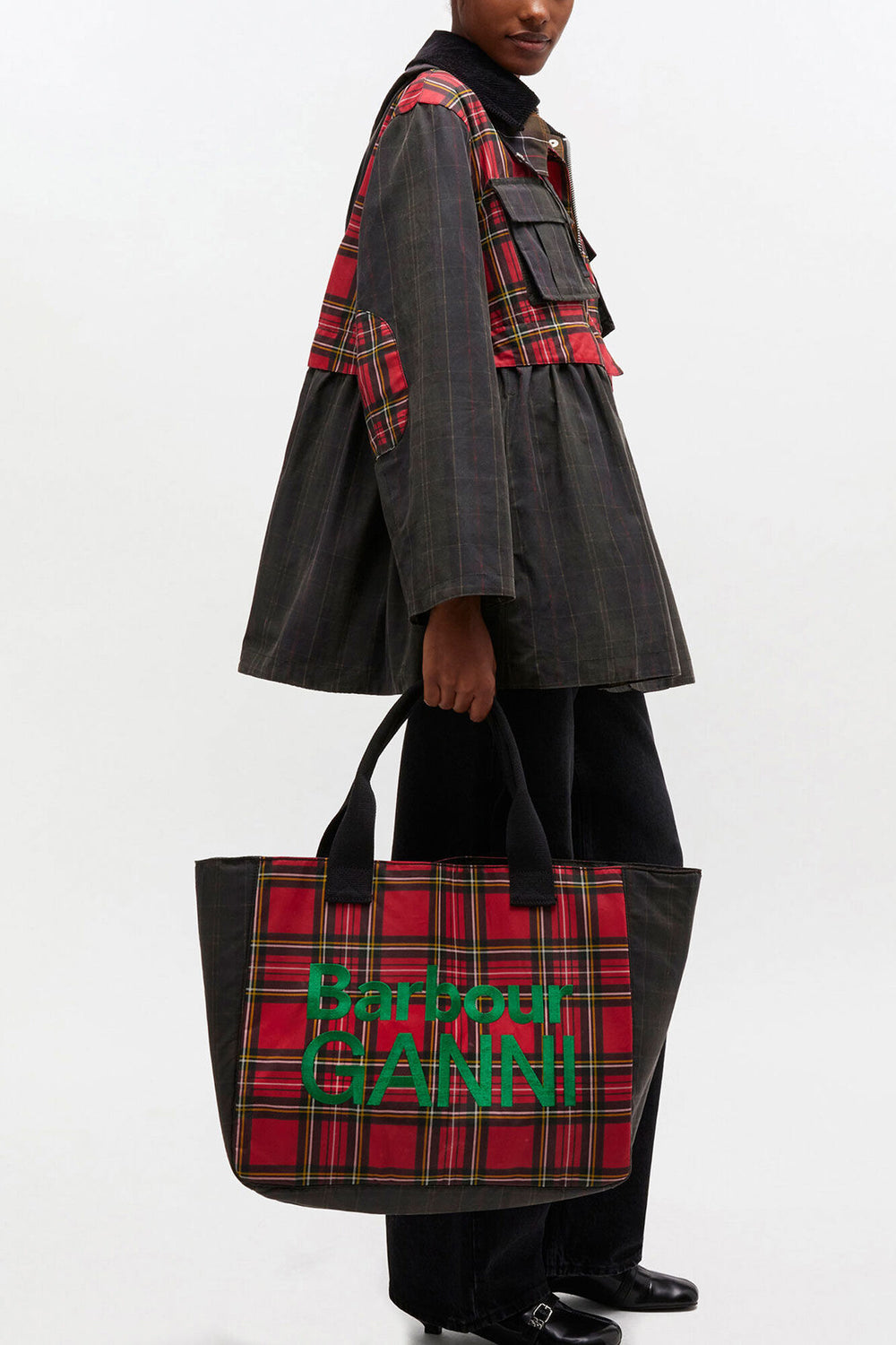 GANNI Hot Sale Dark Green Red Tartan Tote